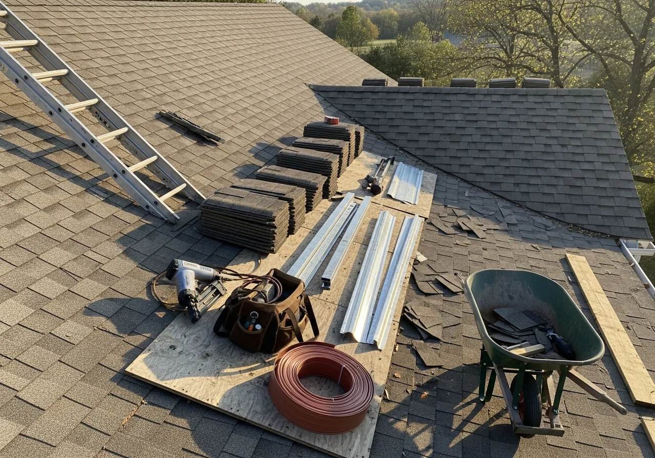 Roofing crew tools and materials staged on a residential roof, ready for installation or repair work.