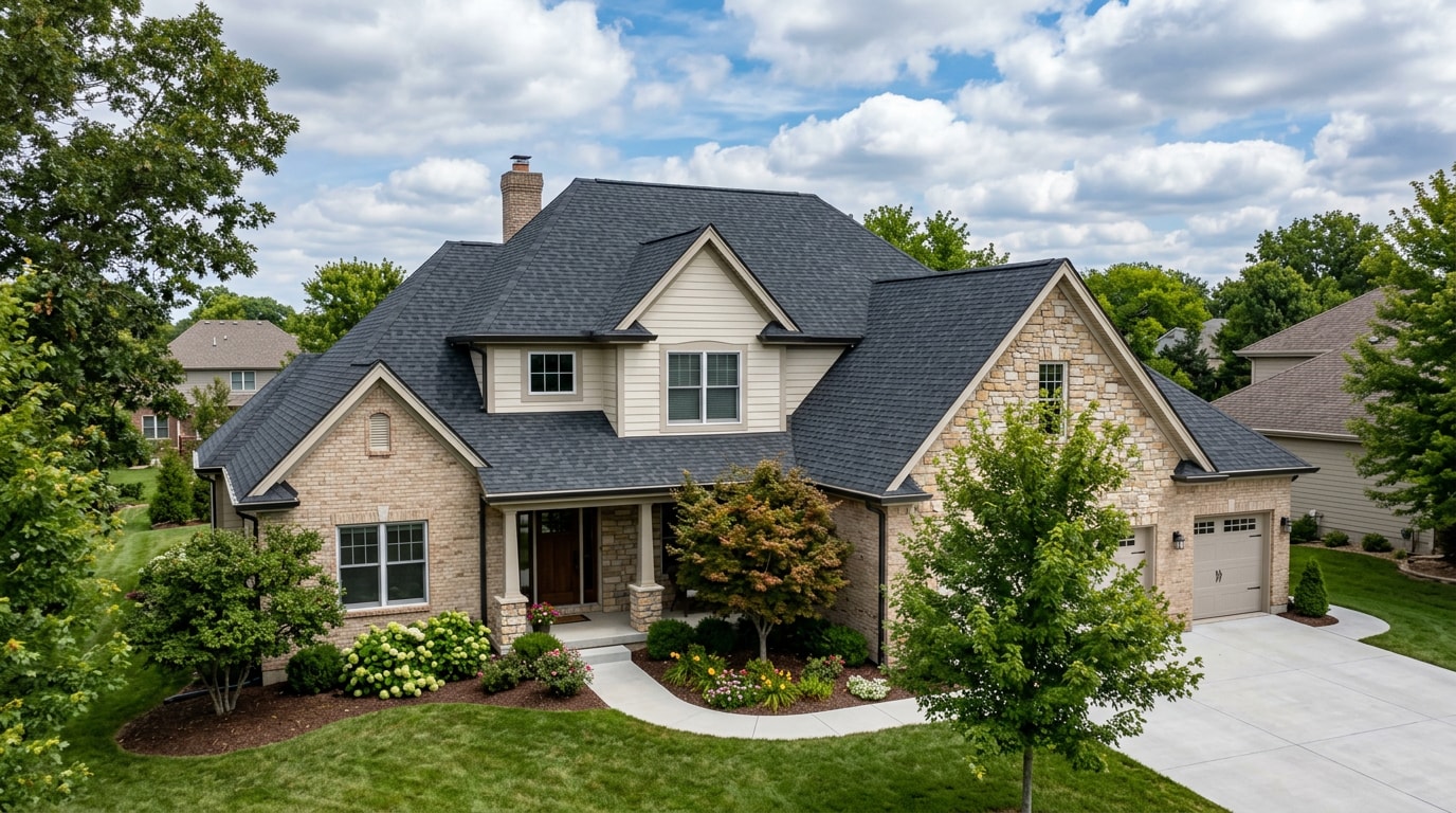 Finished architectural asphalt shingle roof on a Missouri home