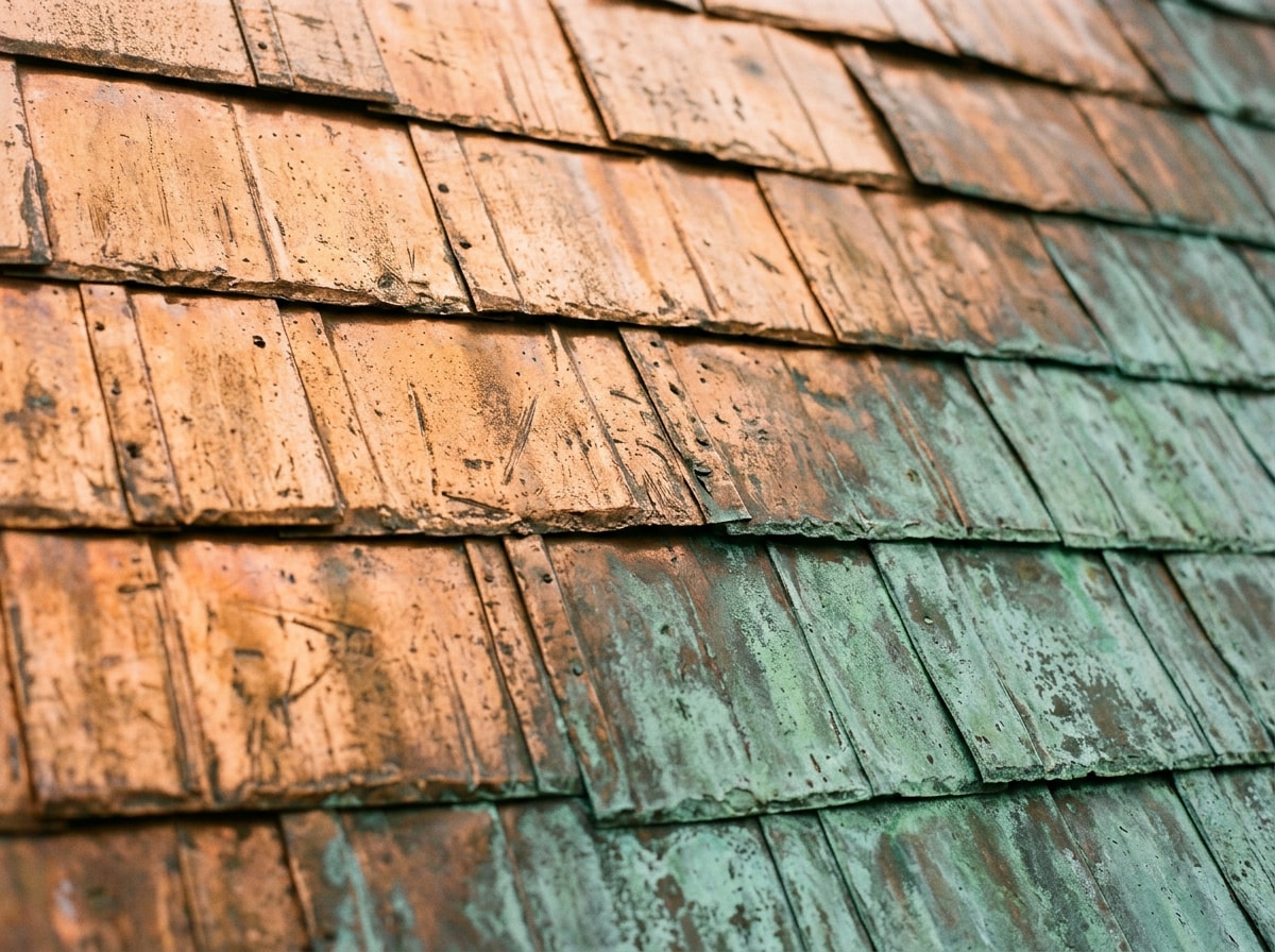 Close-up of weathered copper roofing shingles showing natural patina