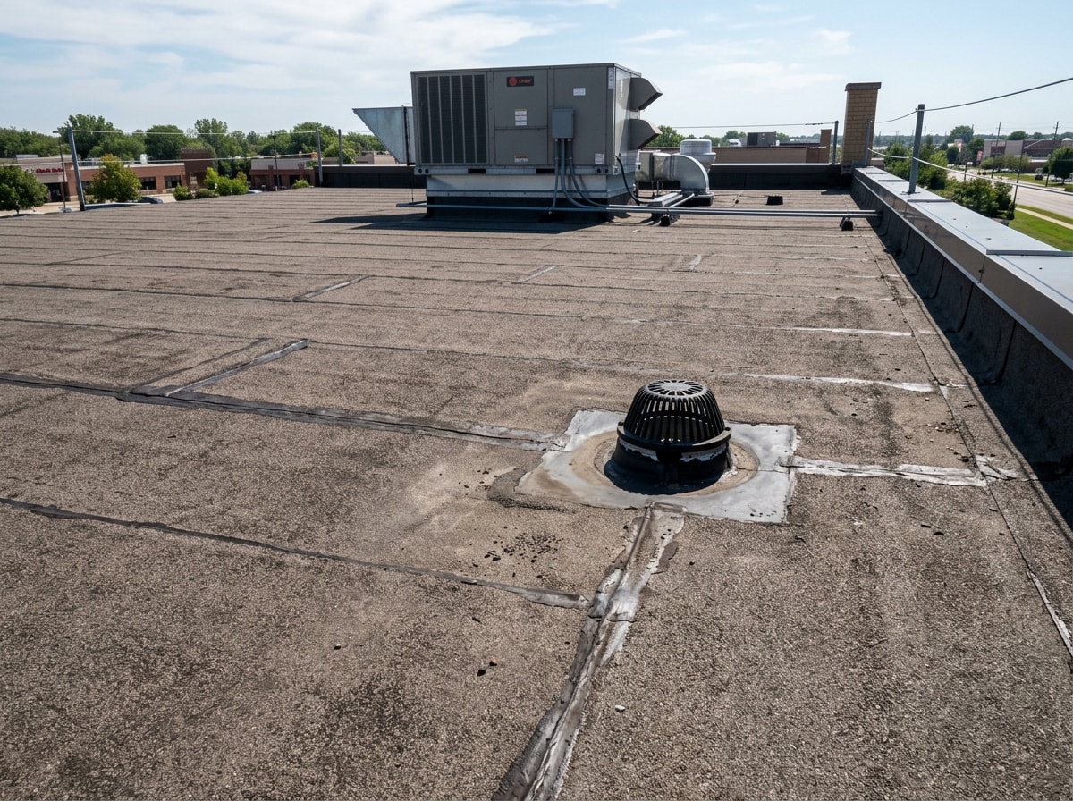 Low-slope commercial building with modified bitumen flat roof membrane in Rogersville, MO