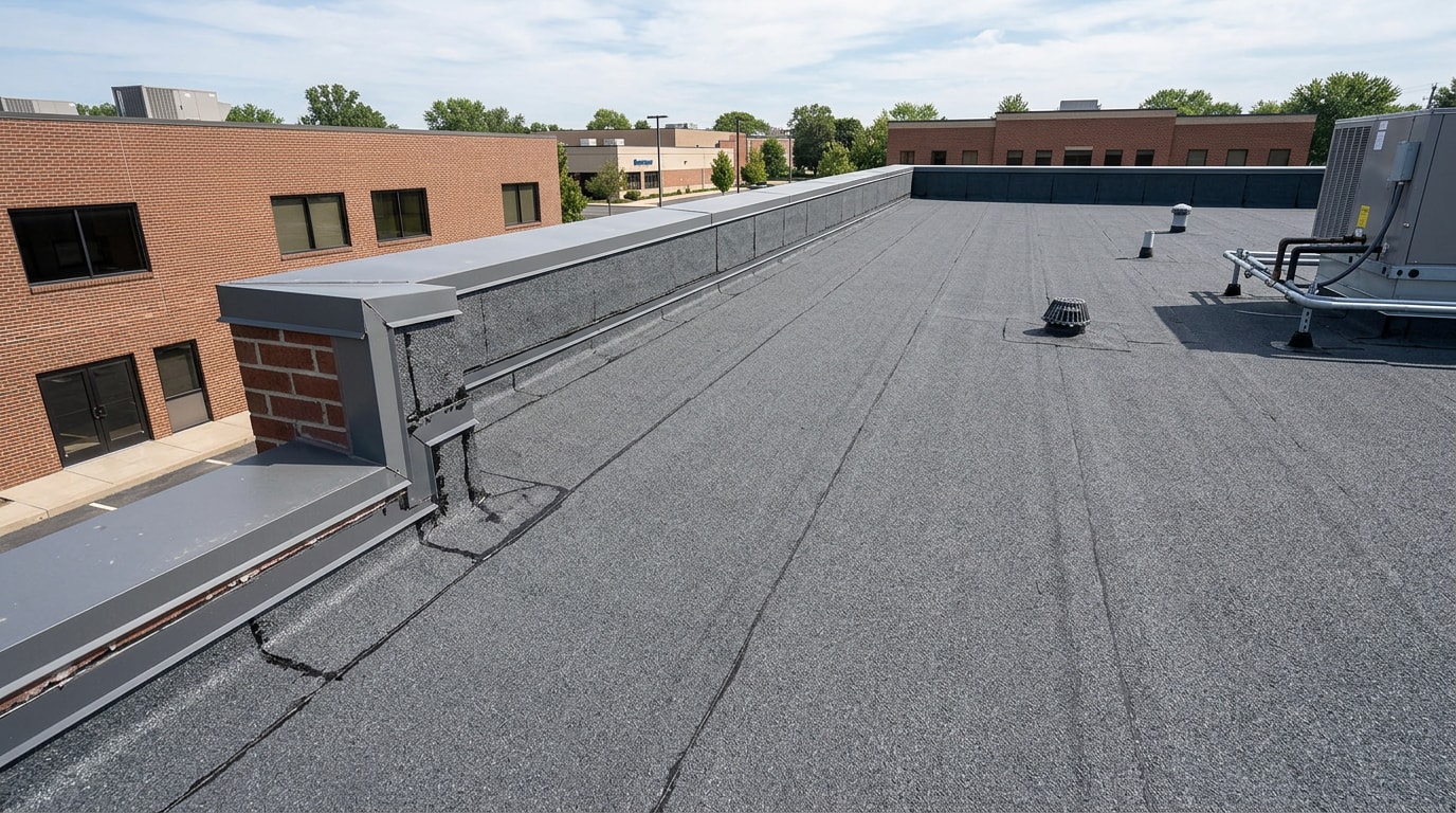 Finished modified bitumen flat roof on a commercial building in Rogersville, MO