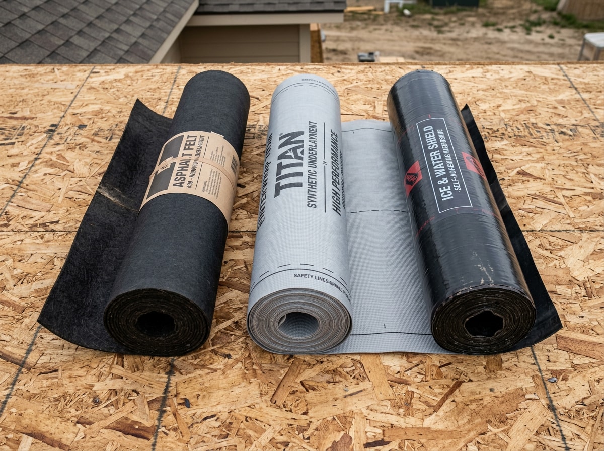 side-by-side comparison of felt paper, synthetic underlayment, and rubberized asphalt roofing rolls