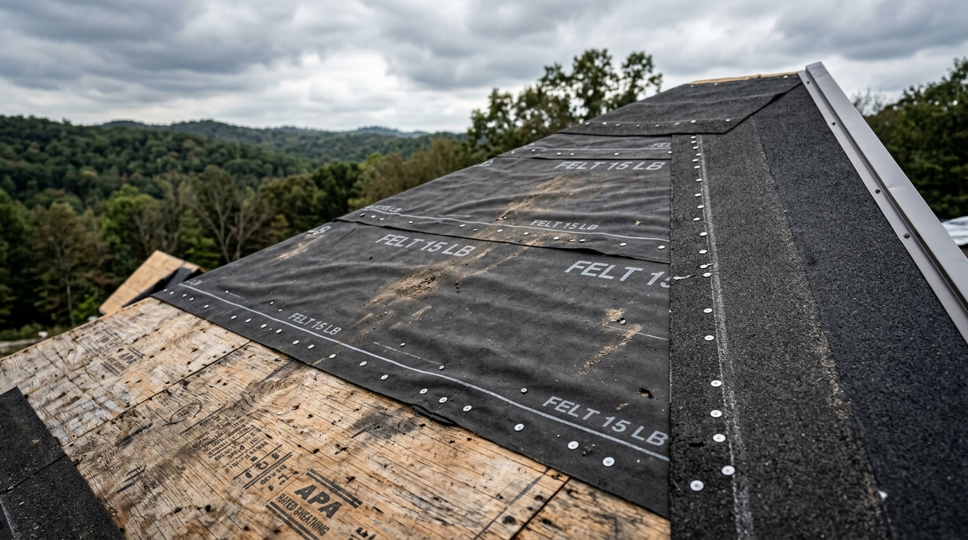 Roof felt underlayment installed on a residential roof deck in West Plains, MO Roof felt underlayment installed on a residential roof deck in West Plains, MO