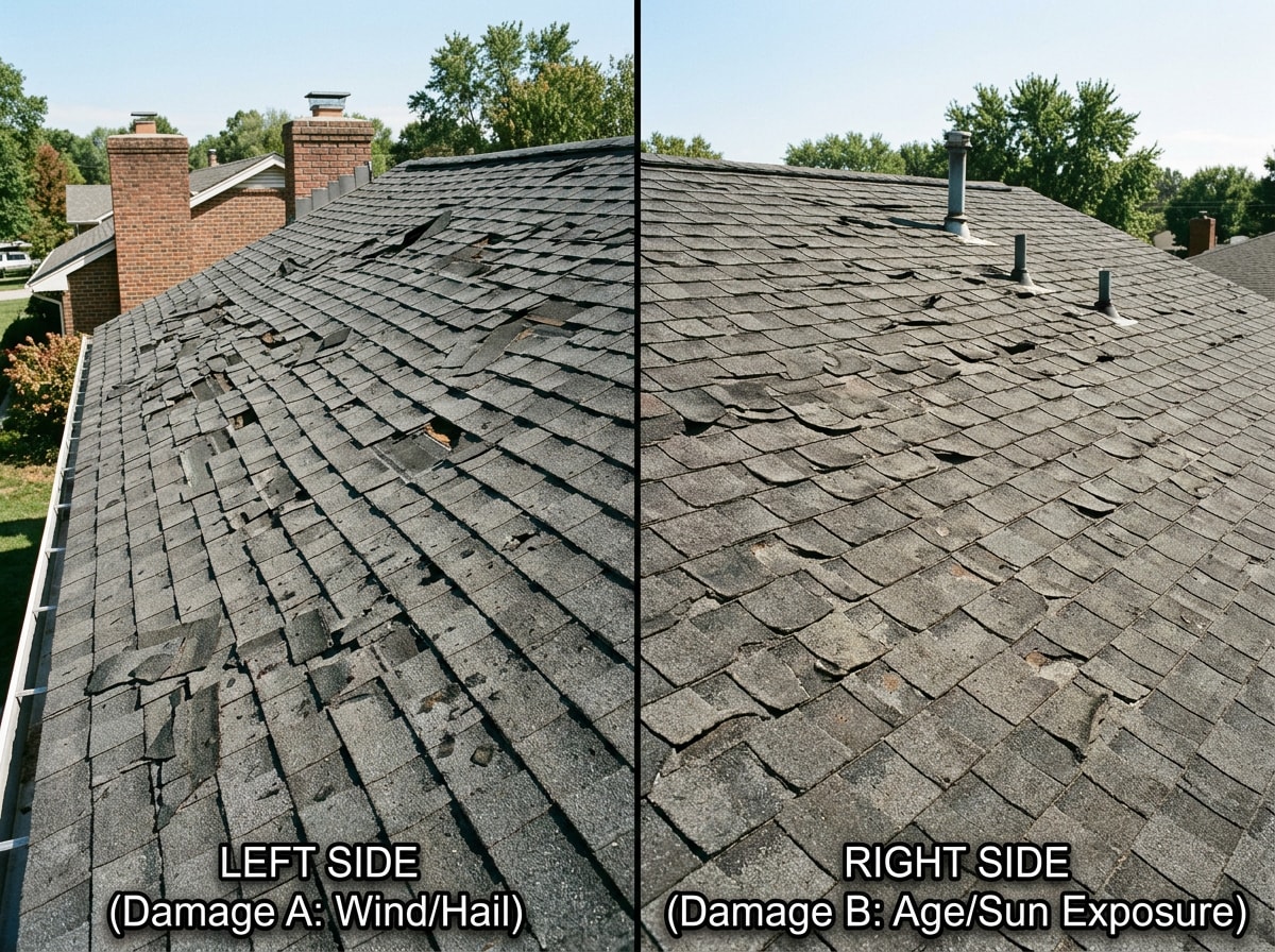 Comparison graphic showing roof damage typically covered by insurance versus damage usually out-of-pocket or financed