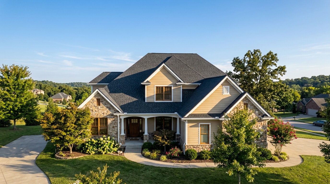 Newly installed asphalt shingle roof on a home in Branson, MO