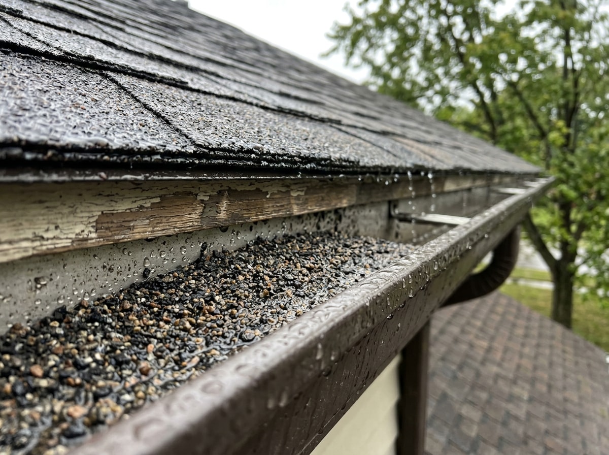 Close-up of roofing granules collecting inside a gutter after rain