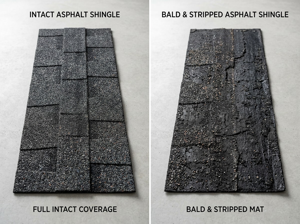 Side-by-side comparison of a healthy shingle with full granule coverage next to a bald, granule-stripped shingle