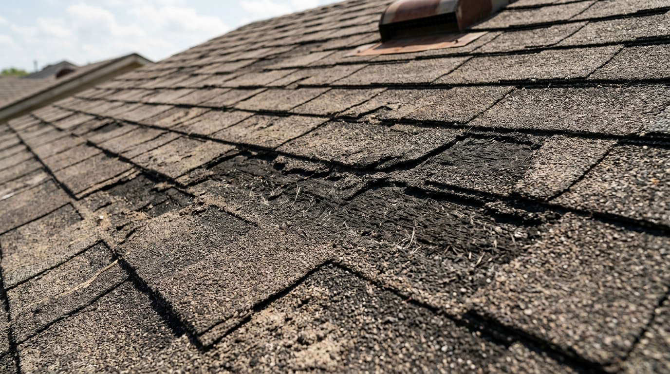 Asphalt shingle roof showing granule loss and bald patches