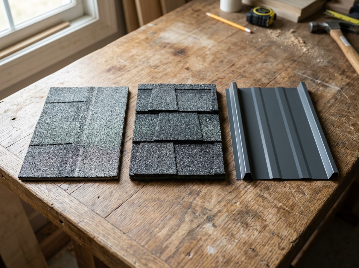 Flat-lay of asphalt shingle, architectural shingle, and metal roofing panel samples arranged side by side on a wood surface