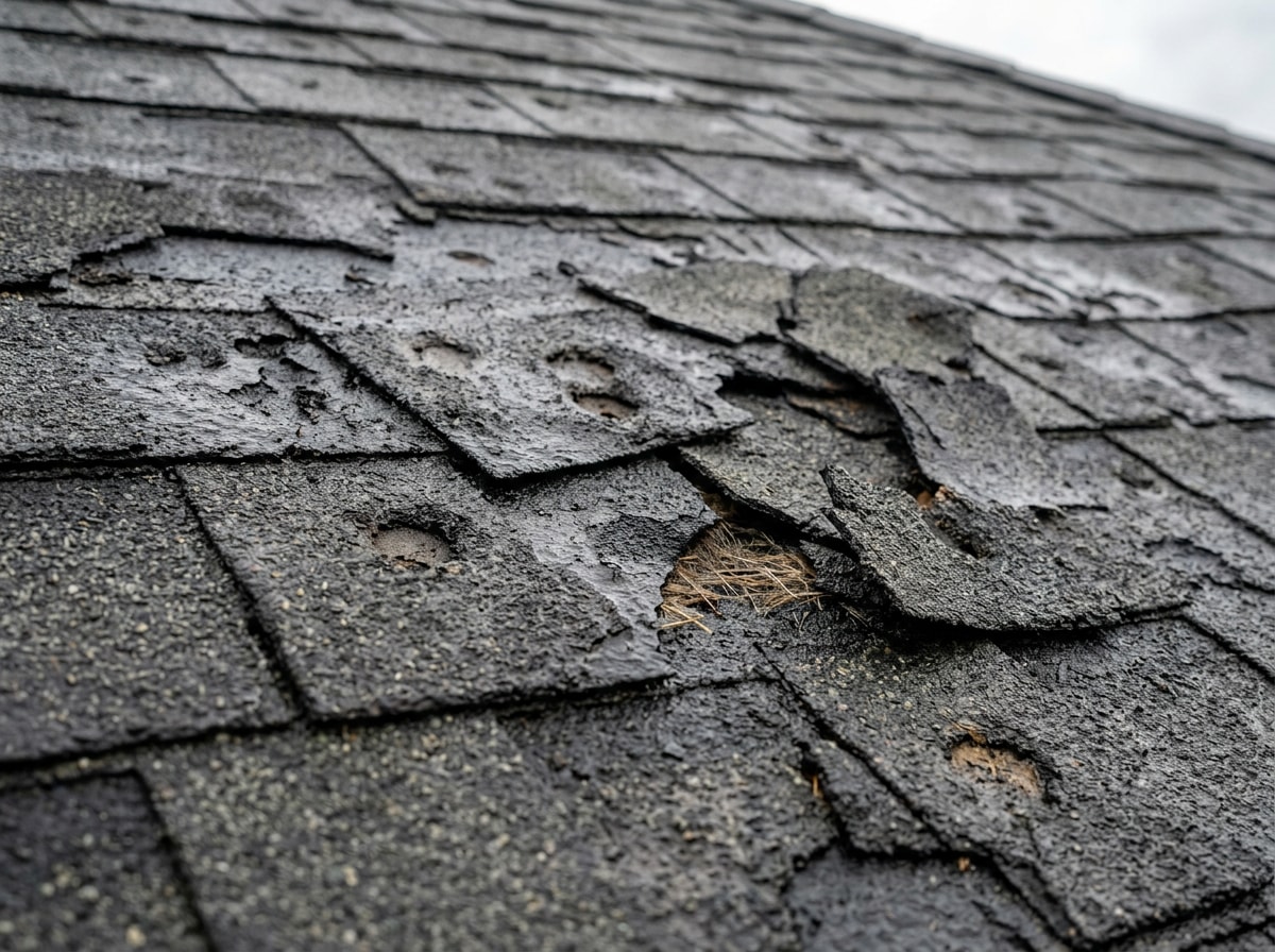 Close-up of a storm-damaged asphalt shingle roof showing hail impact marks and cracked shingles