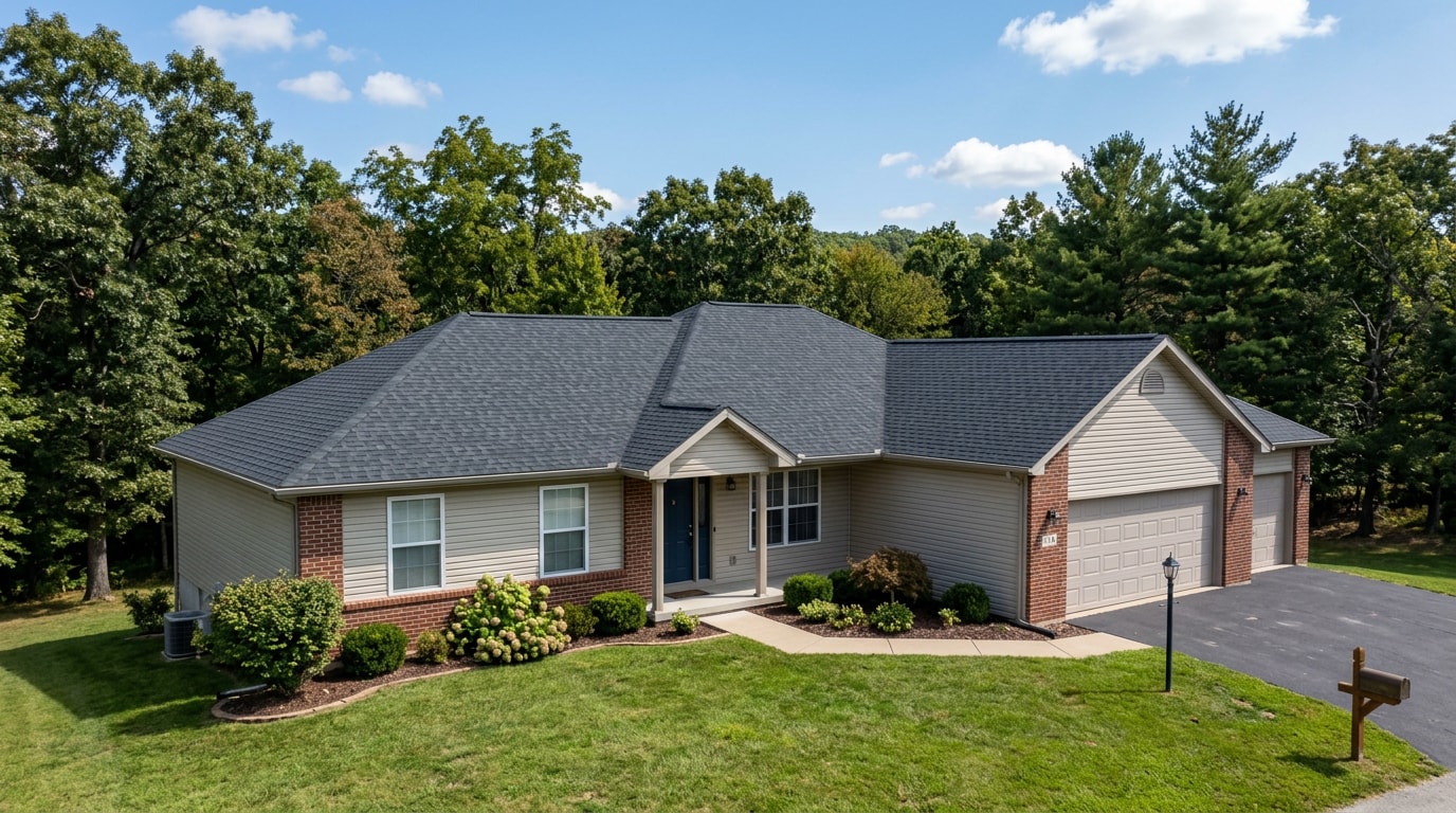 Finished roof replacement on a single-story home in Ozark, MO