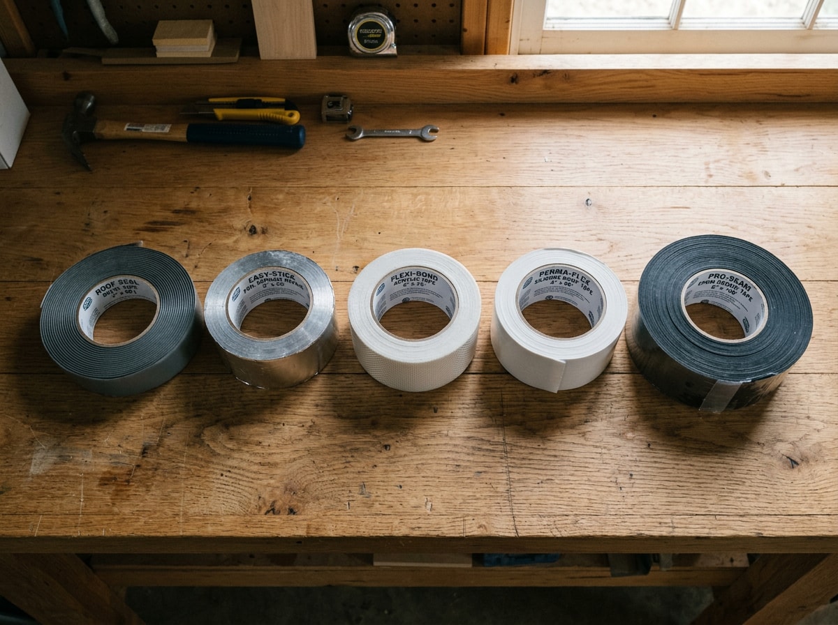 Comparison chart showing types of roofing tape, best surface match, and expected lifespan