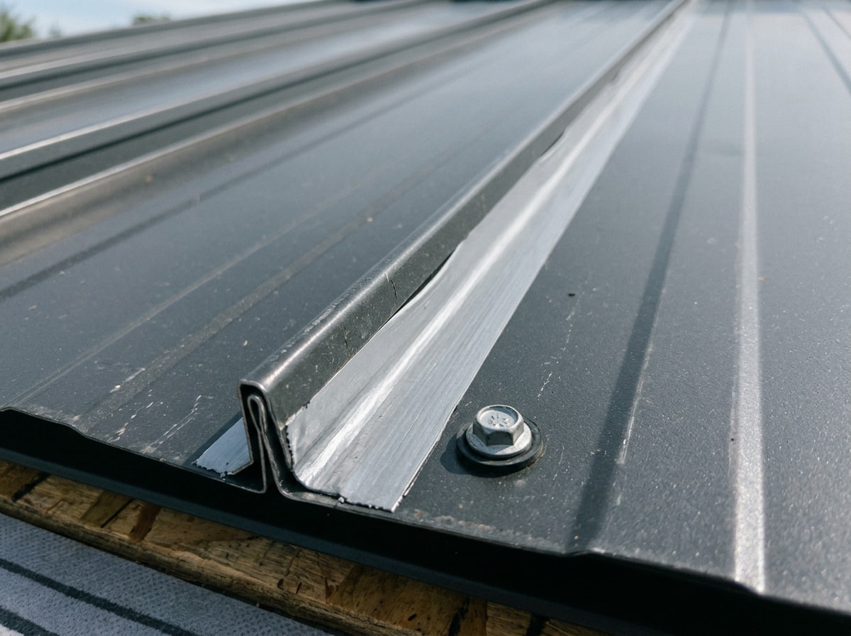 Self-adhesive butyl tape sealing a metal roof panel seam on a Fairgrove, MO home