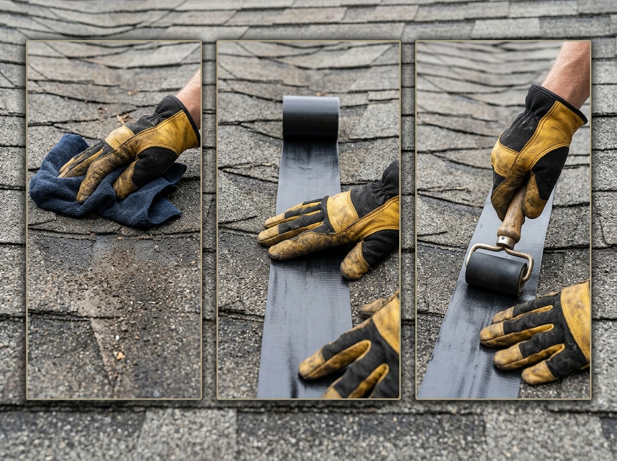Step-by-step photo sequence showing roofing tape application: cleaning the surface, pressing it down, and rolling out air bubbles
