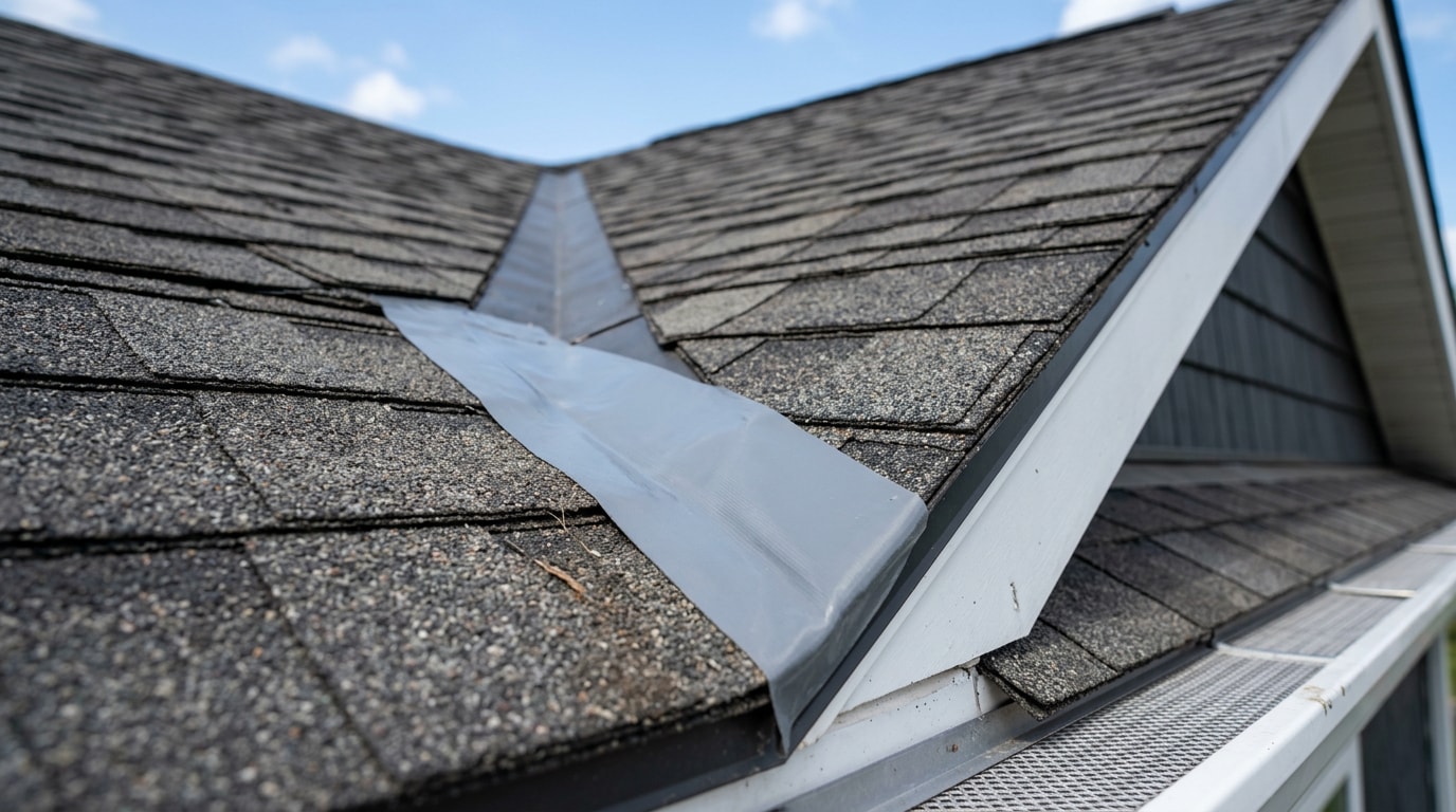 Self-adhesive roofing tape applied to a flashing seam on a residential shingle roof Self-adhesive roofing tape applied to a flashing seam on a residential shingle roof