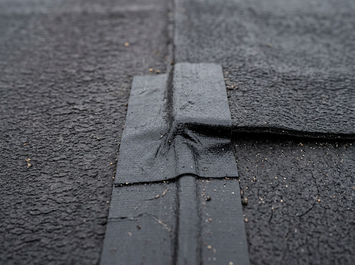 Close-up of a black EPDM rubber roof membrane with sealed seams on a flat roof
