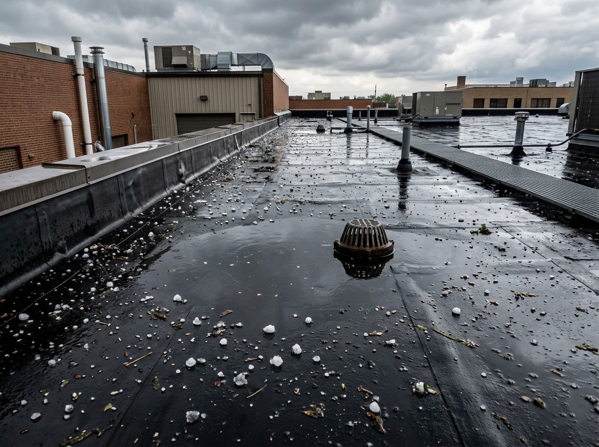 Flat commercial roof with standing water and a technician inspecting an EPDM seam after a storm