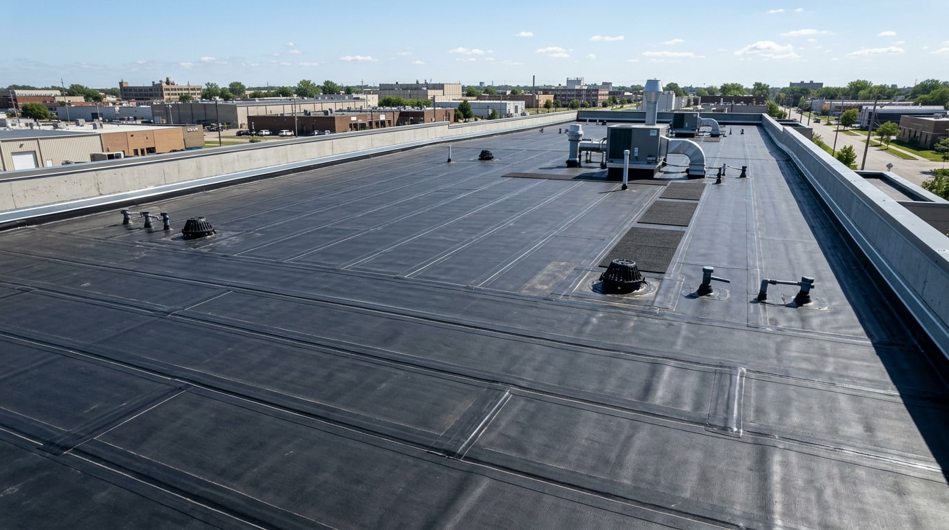Flat EPDM rubber roof installed on a commercial building in Springfield, MO