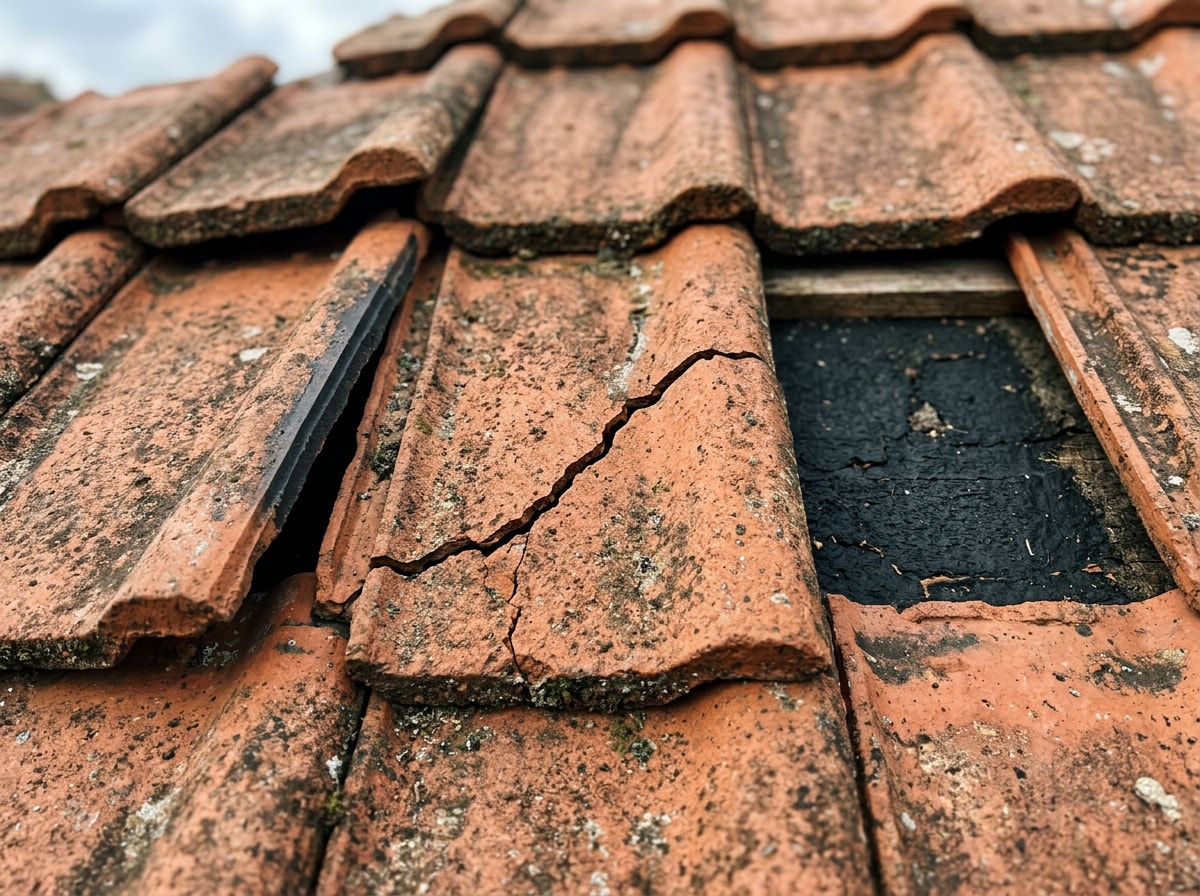 Close-up of cracked, slipped, and missing roof tiles showing storm damage