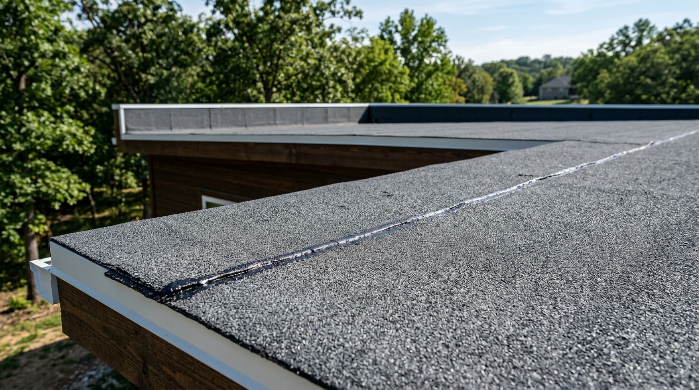 Finished torch down modified bitumen roof on a flat-roof home addition Finished torch down modified bitumen roof on a flat-roof home addition