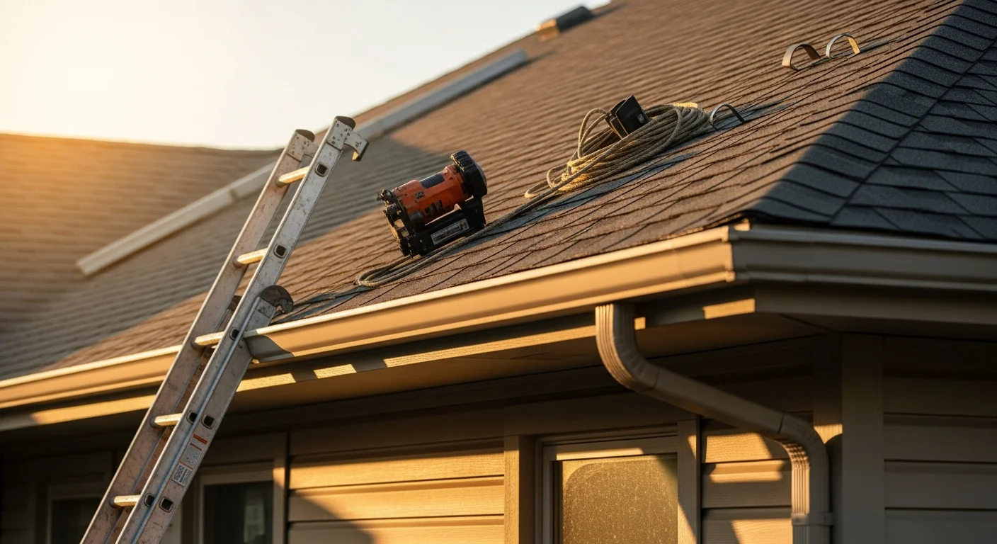 Professional roofer installing new roof shingles on residential home