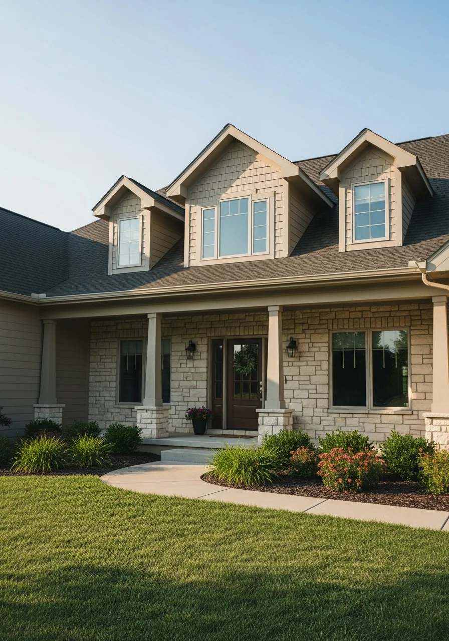 Close-up of a Rogersville home's front entrance with landscaping and clear property lines.