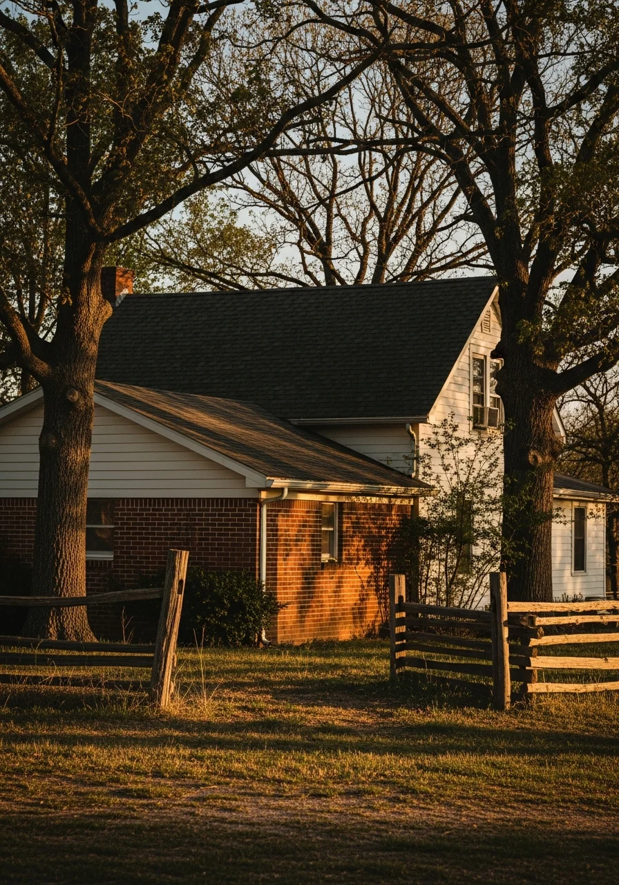 West Plains farmhouse with mature trees and well-maintained rural setting.