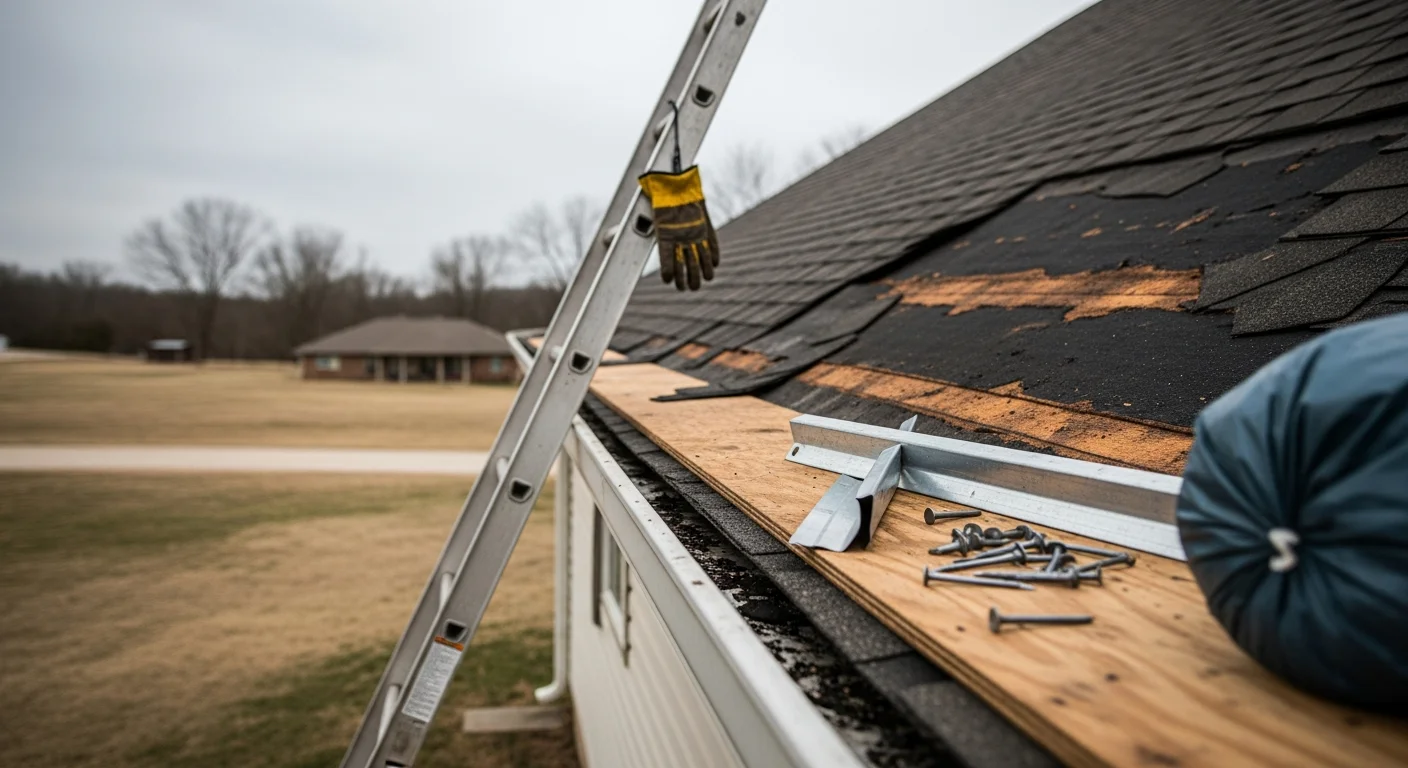 A Rogersville, Tennessee home with visible storm damage showing missing shingles and exposed roof decking on a residential pitched roof. A roofing contractor from Rick's Roofing LLC applies emergency repair materials to stop water intrusion after a severe weather event.