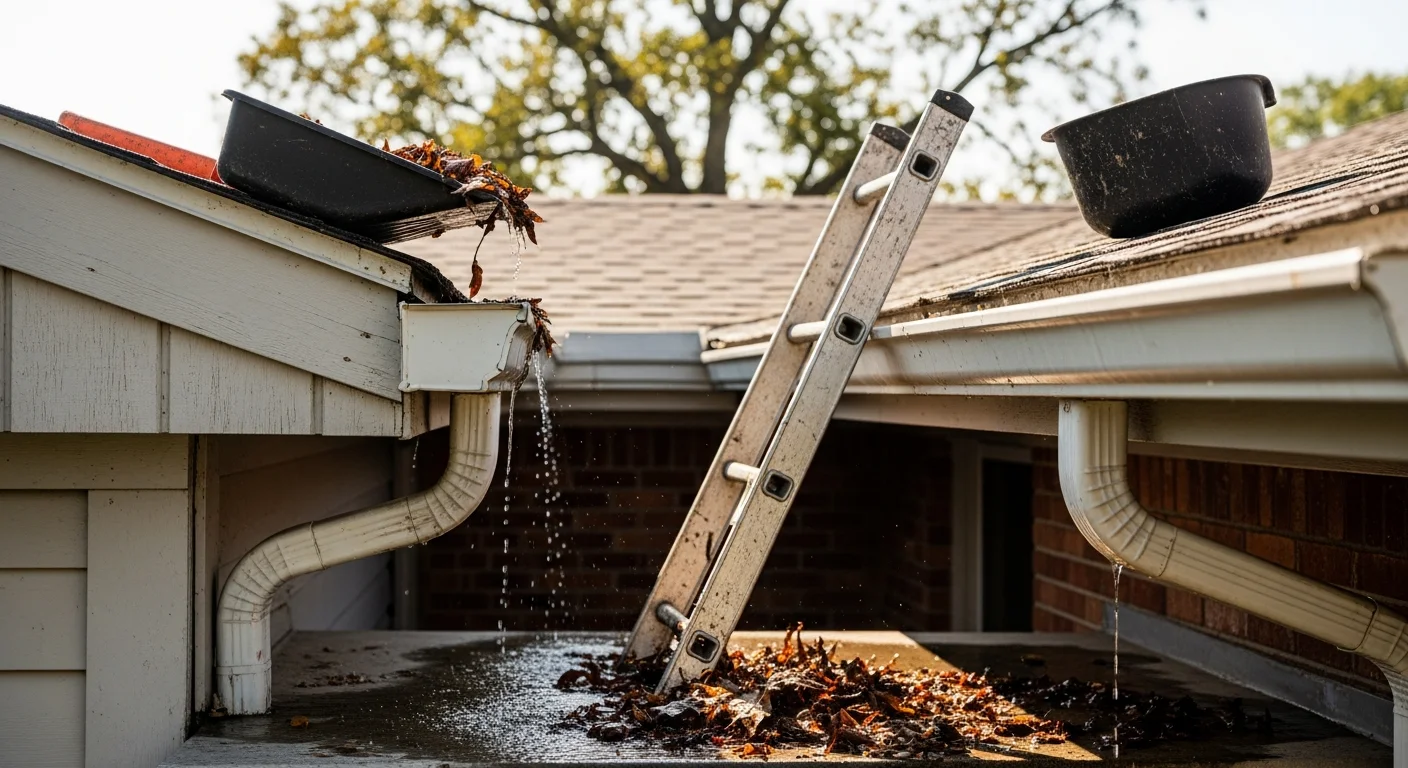 A Rick's Roofing LLC technician removing packed leaves and debris from the gutters of a single-family home in Rogersville, Tennessee. The cleaned gutter section shows clear, open channels ready to drain rainwater away from the home's foundation.