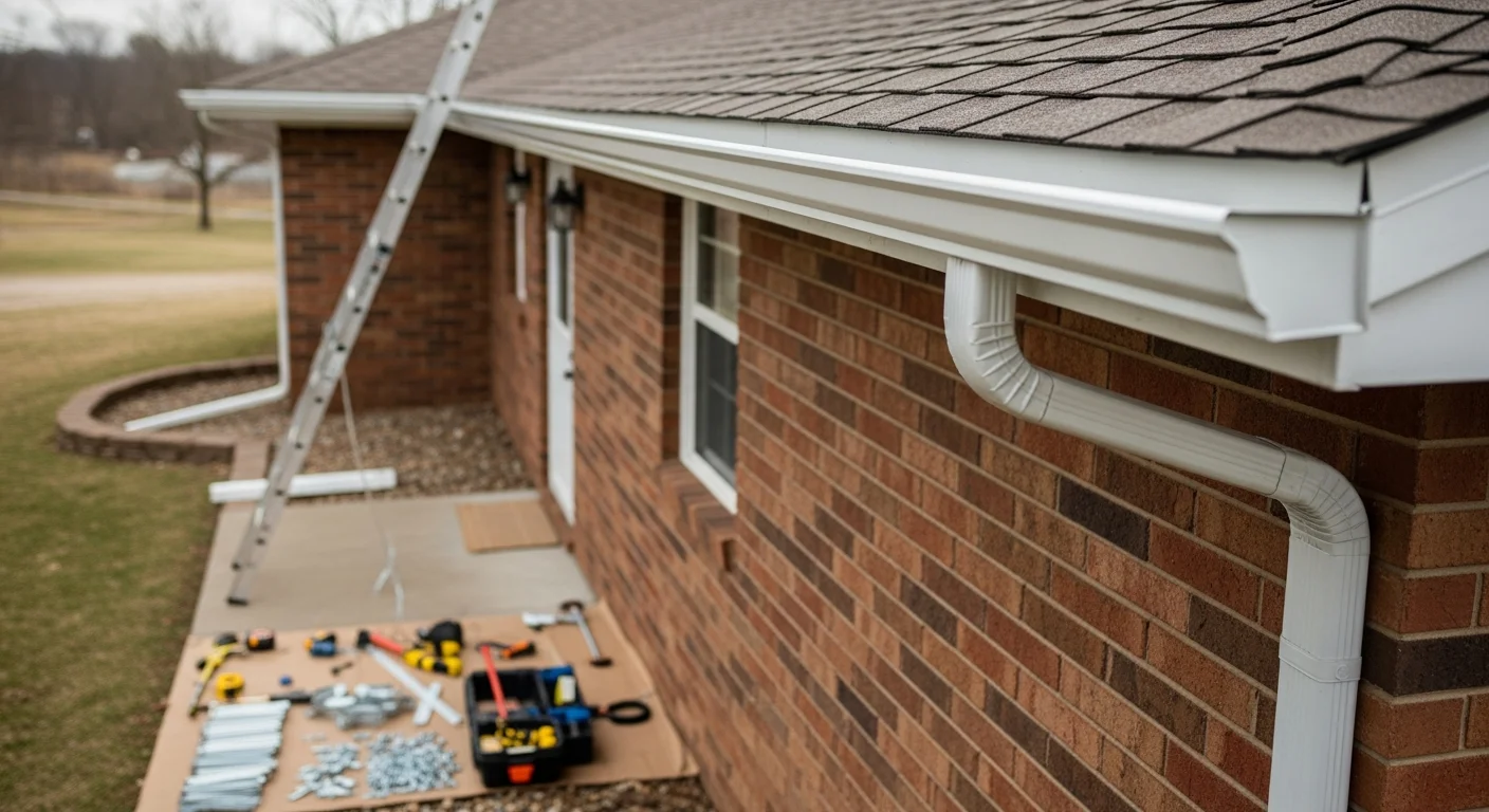 A newly installed gutter system running along the roofline of a single-family home in Rogersville, Tennessee, with a downspout directing water away from the foundation. The gutters are cleanly fitted to the fascia board on a traditional residential home typical of Hawkins County.