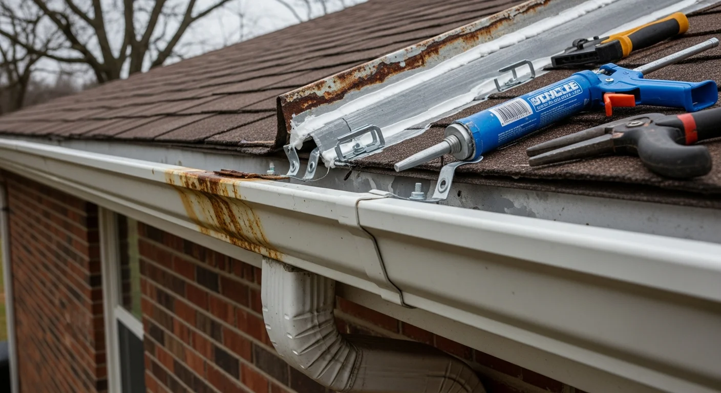 A Rick's Roofing LLC technician resealing a leaking gutter joint on a single-family home in Rogersville, Tennessee. The repaired section shows clean sealant applied along the seam with the downspout properly aligned below.