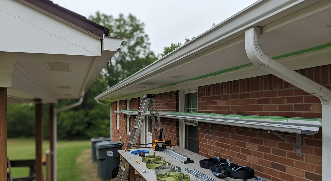 A newly installed gutter system running along the roofline of a single-family home in Rogersville, Tennessee. Downspouts extend to ground level, directing water away from the home's foundation and landscaping.