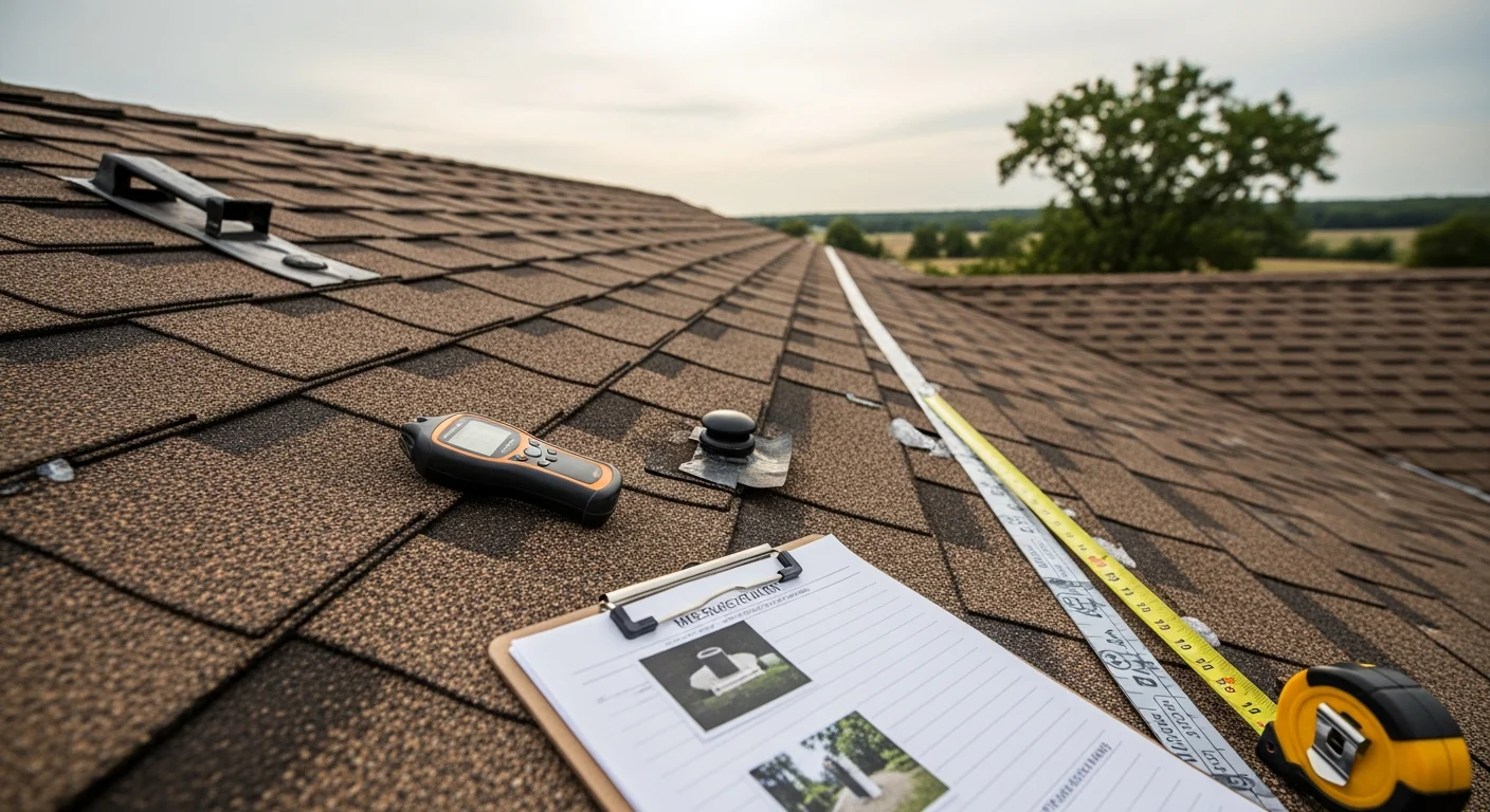 A Rick's Roofing LLC inspector examining shingles and flashing on a single-family home in Rogersville, Tennessee. The inspector is on the roof documenting condition with a camera during a clear-sky post-storm assessment.