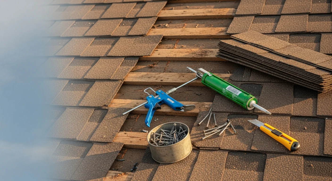 A Rogersville, Tennessee residential roof after repair, showing replaced shingles and sealed flashing along the chimney. The repaired section blends with the surrounding roof surface on a single-family home.