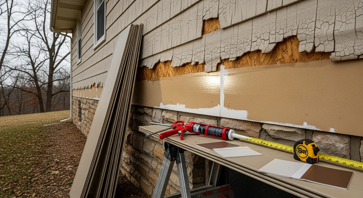 Close-up of a repaired exterior siding section on a single-family home in Rogersville, Tennessee, showing freshly replaced panels matched to the surrounding original siding. A contractor from Rick's Roofing LLC examines the finished repair along the wall seam.