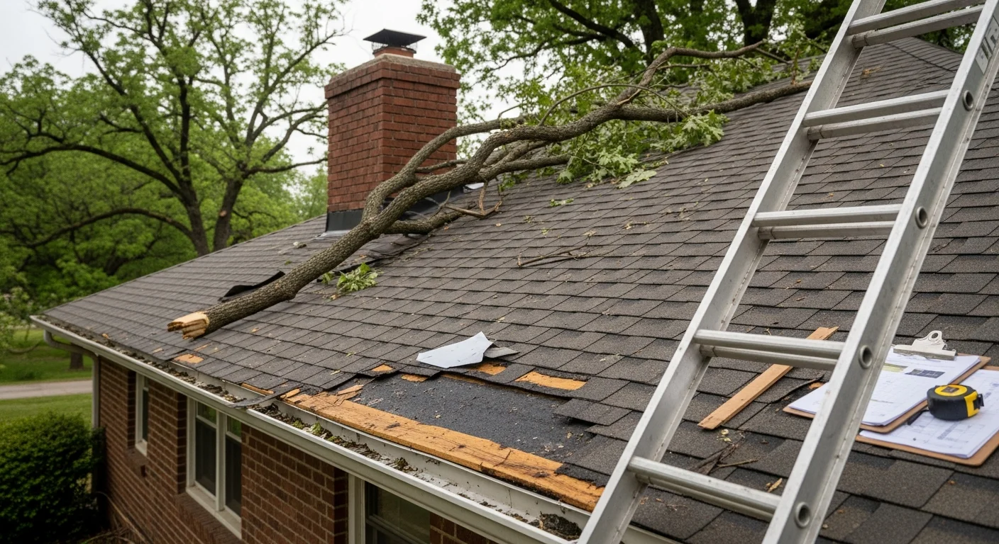 A Rogersville, Tennessee single-family home roof showing storm damage with missing shingles and exposed decking after a high-wind weather event. A roofing contractor inspects the damaged area from a ladder positioned against the roofline.