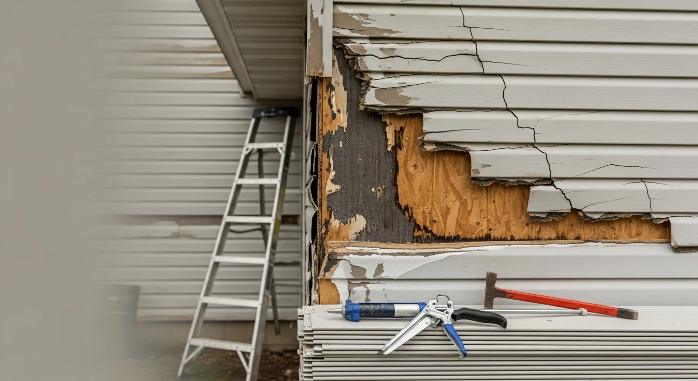 A Rogersville, TN home exterior showing freshly repaired siding panels after storm damage, with replaced sections blending into the surrounding wall. A contractor inspects the corner trim and window surround for remaining gaps along the repaired section.