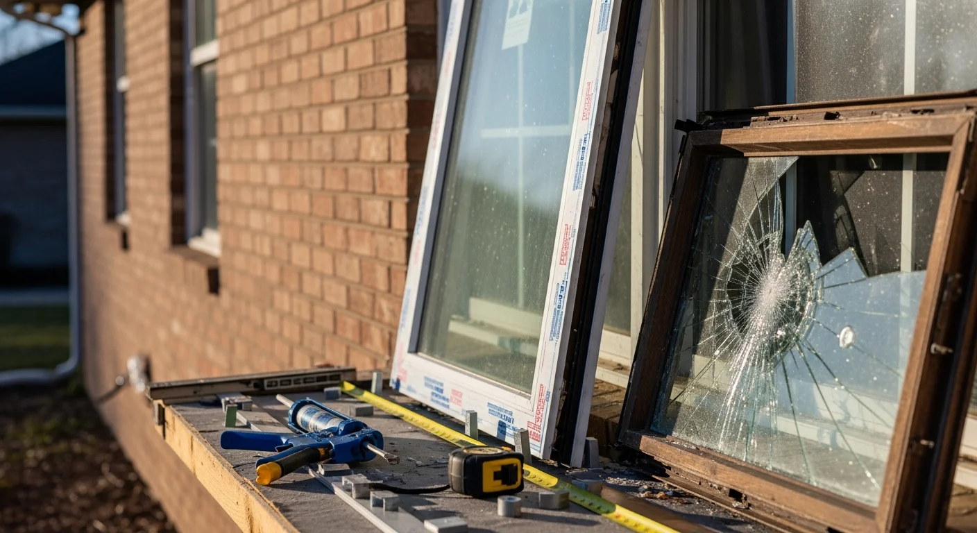 A replacement window being installed in a Rogersville, TN home after storm damage, with a contractor fitting a new unit into a wood-framed exterior wall opening. The surrounding siding shows signs of hail impact consistent with East Tennessee storm activity.