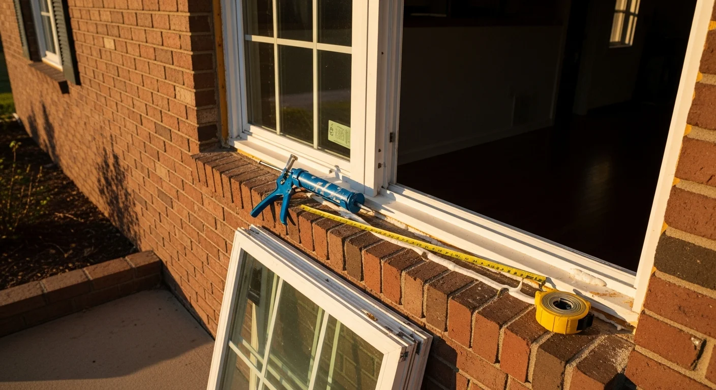 A Rogersville, Tennessee home with newly installed replacement windows showing clean frames and clear glass. A Rick's Roofing LLC crew member completes the exterior seal around a finished window opening.